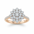 Diamond cluster engagement ring on white background